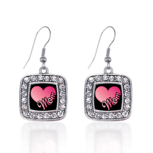 Silver Mom Square Charm Dangle Earrings
