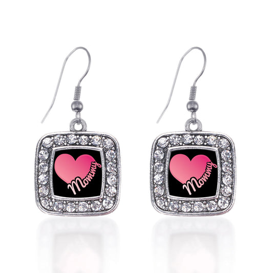 Silver Mommy Square Charm Dangle Earrings