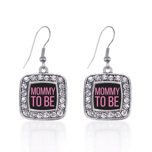 Silver Mommy To Be Pink Square Charm Dangle Earrings