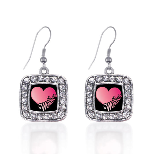 Silver Mother Square Charm Dangle Earrings