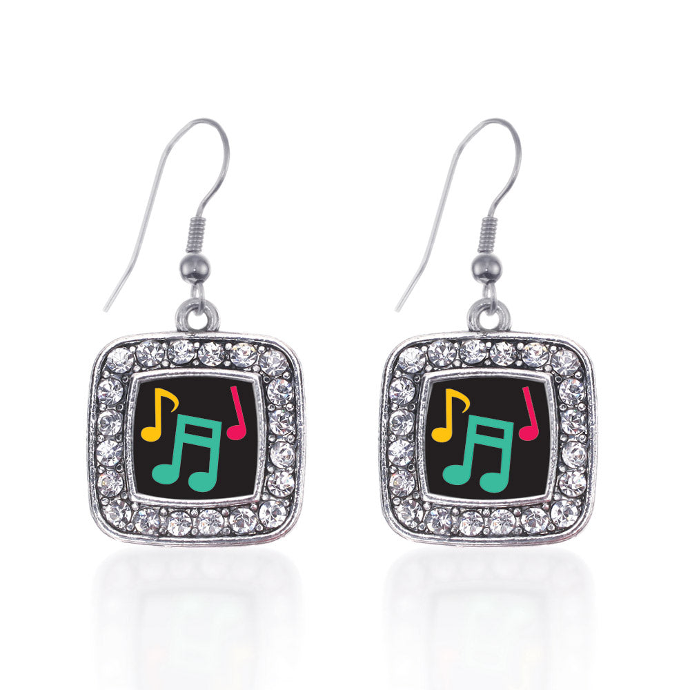 Silver Musical Notes Square Charm Dangle Earrings