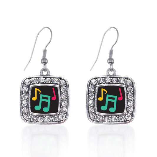 Silver Musical Notes Square Charm Dangle Earrings