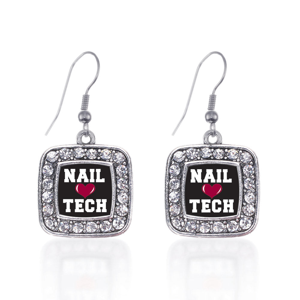 Silver Nail Tech Square Charm Dangle Earrings
