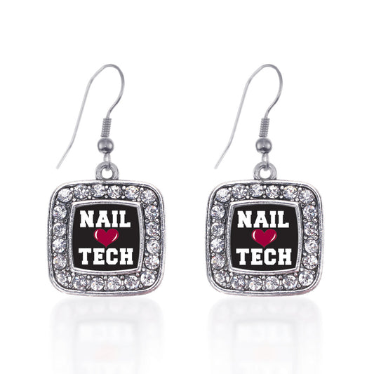 Silver Nail Tech Square Charm Dangle Earrings