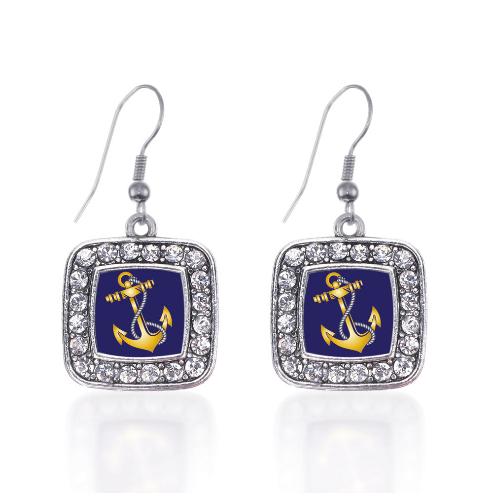 Silver Navy Anchor Square Charm Dangle Earrings