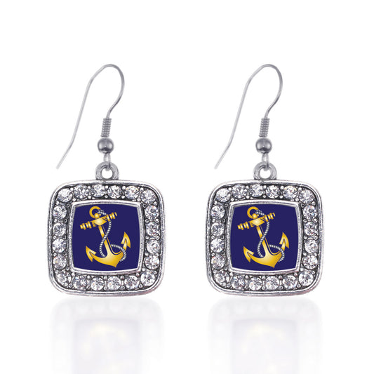 Silver Navy Anchor Square Charm Dangle Earrings