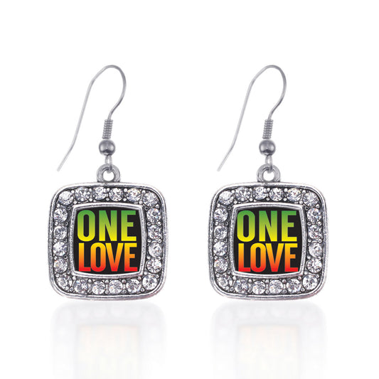 Silver One Love Square Charm Dangle Earrings