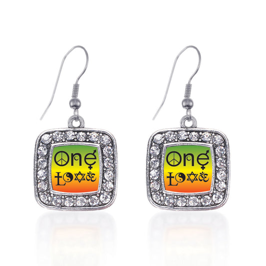 Silver One Love Coexist Square Charm Dangle Earrings
