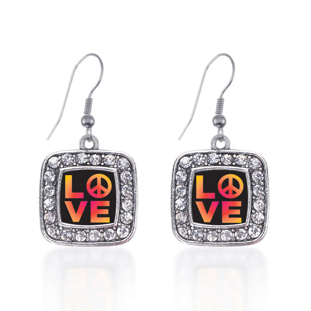 Silver Peace And Love Square Charm Dangle Earrings