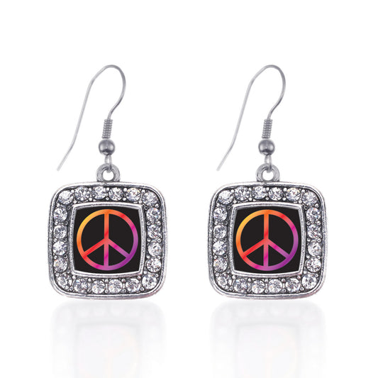 Silver Peace Square Charm Dangle Earrings