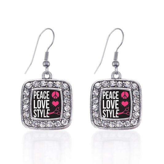 Silver Peace, Love, And Style Square Charm Dangle Earrings