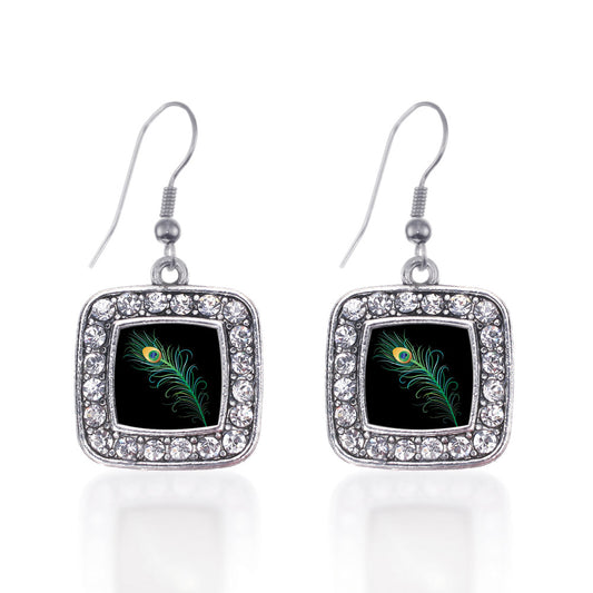 Silver Peacock Feather Square Charm Dangle Earrings