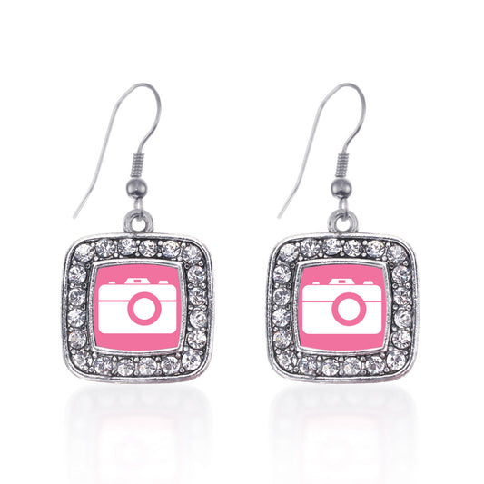 Silver Pink Camera Square Charm Dangle Earrings