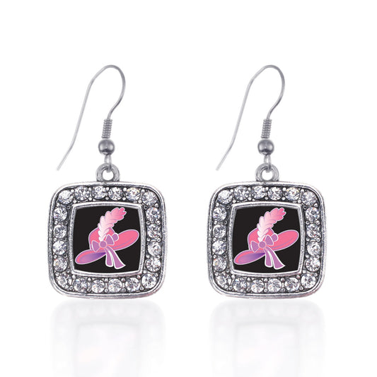 Silver Pink Hat Square Charm Dangle Earrings