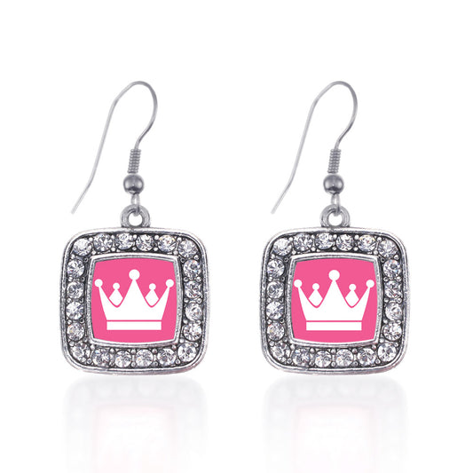 Silver Pink Princess Square Charm Dangle Earrings