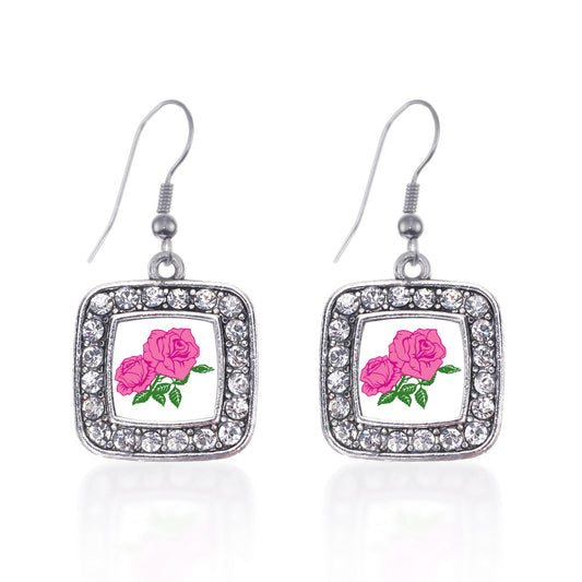 Silver Pink Rose Square Charm Dangle Earrings