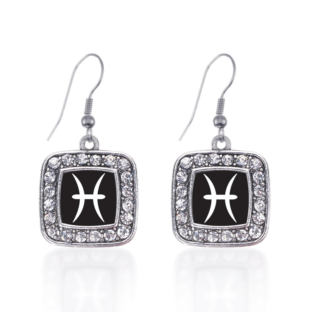Silver Pisces Zodiac Square Charm Dangle Earrings