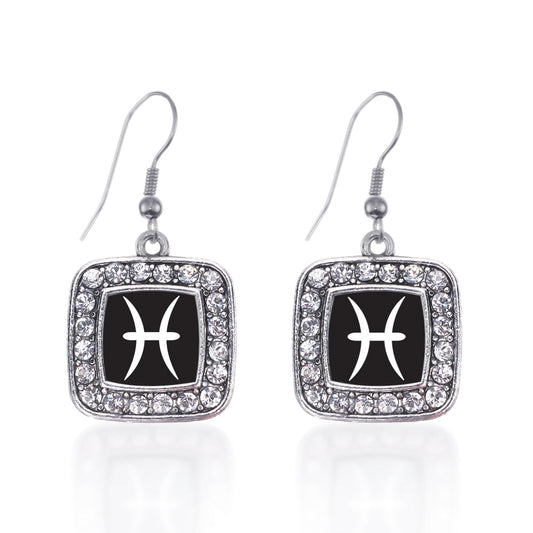 Silver Pisces Zodiac Square Charm Dangle Earrings