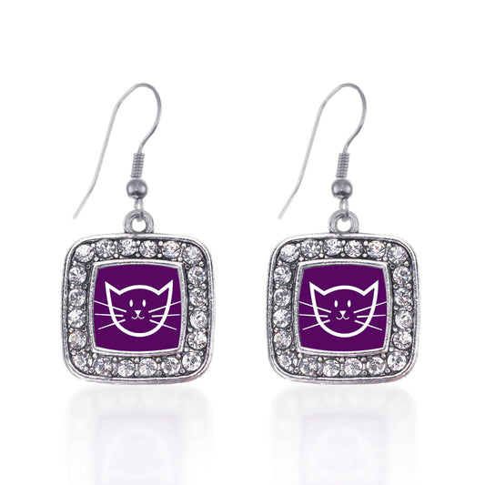 Silver Pretty Kitty Square Charm Dangle Earrings