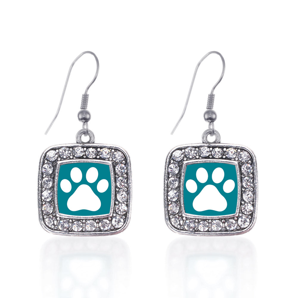 Silver Pretty Paw Print Square Charm Dangle Earrings