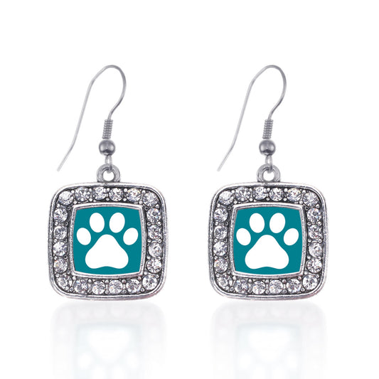 Silver Pretty Paw Print Square Charm Dangle Earrings