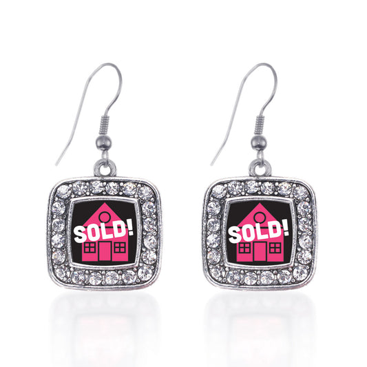 Silver Real Estate Agent Square Charm Dangle Earrings