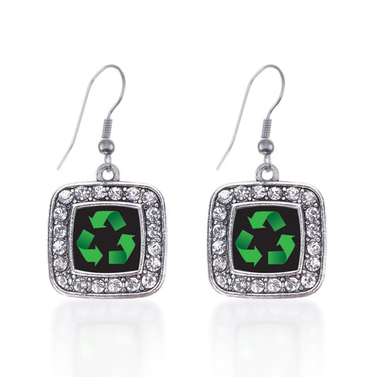 Silver Recycle Square Charm Dangle Earrings