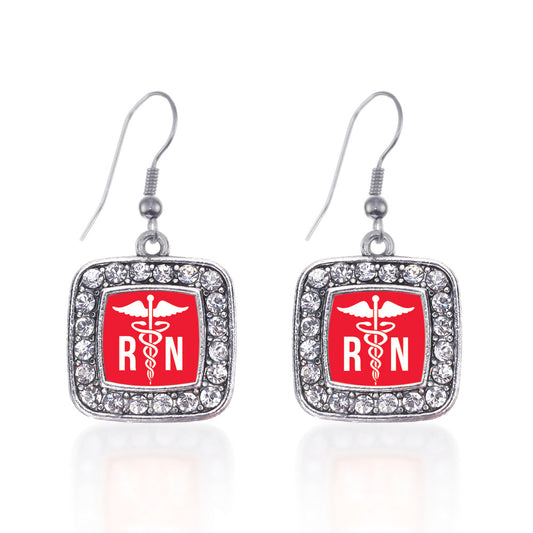 Silver Registered Nurse Square Charm Dangle Earrings