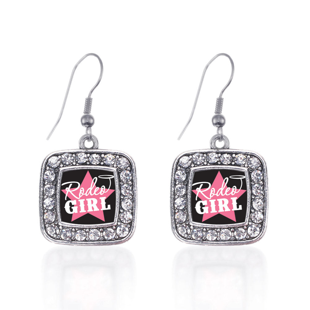 Silver Rodeo Girl Square Charm Dangle Earrings