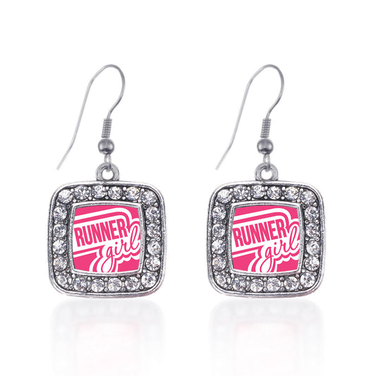 Silver Runner Girl Square Charm Dangle Earrings