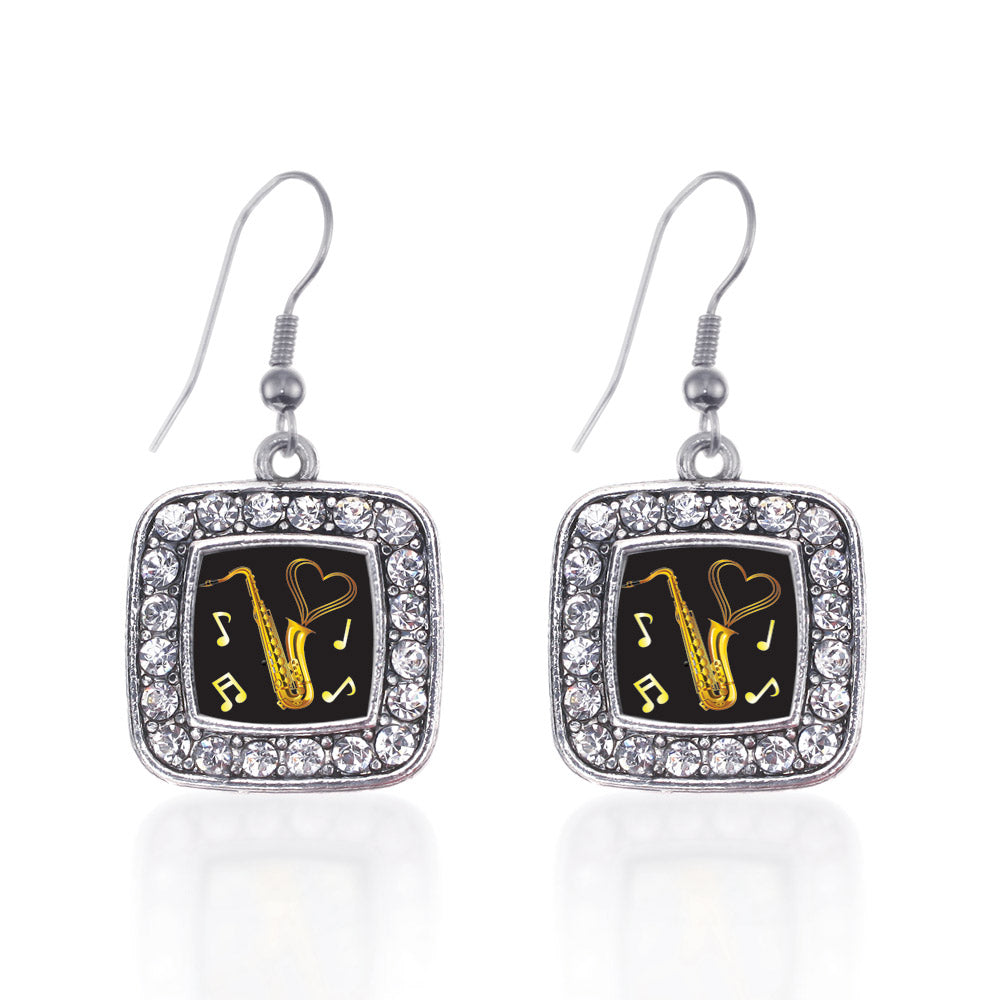 Silver Saxophone Square Charm Dangle Earrings