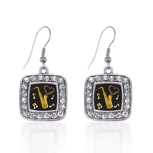 Silver Saxophone Square Charm Dangle Earrings