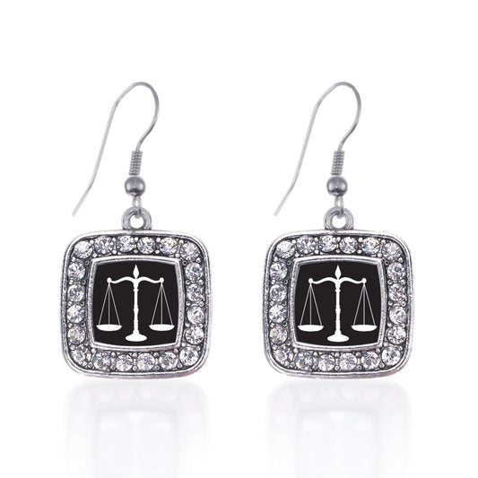 Silver Scale Of Justice Square Charm Dangle Earrings