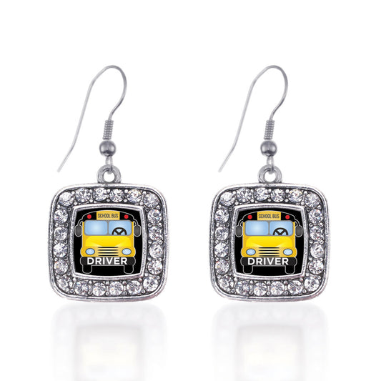 Silver School Bus Square Charm Dangle Earrings