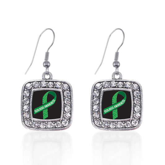 Silver Scoliosis Awareness Square Charm Dangle Earrings