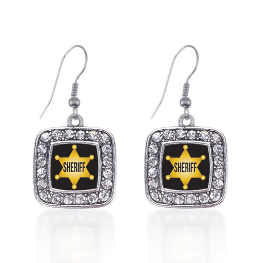 Silver Sheriff Square Charm Dangle Earrings