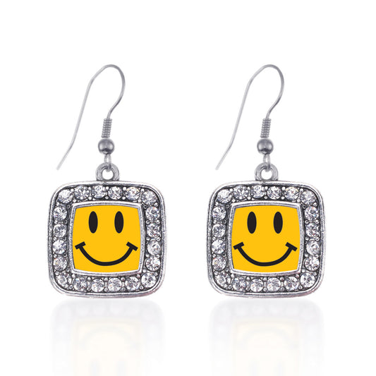 Silver Smiley Face Square Charm Dangle Earrings