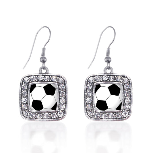 Silver Soccer Square Charm Dangle Earrings