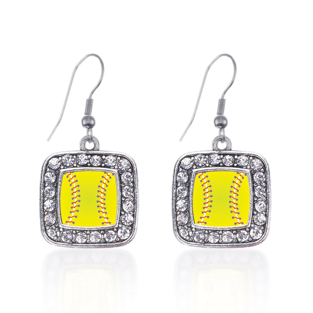 Silver Softball Square Charm Dangle Earrings