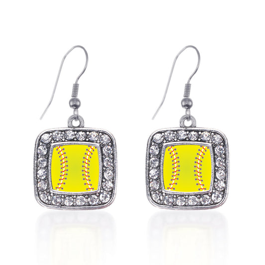 Silver Softball Square Charm Dangle Earrings