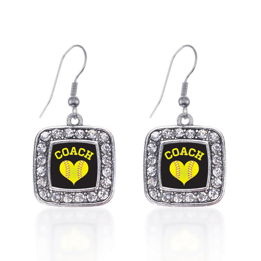 Silver Softball Coach Square Charm Dangle Earrings
