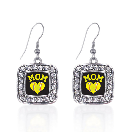 Silver Softball Mom Square Charm Dangle Earrings