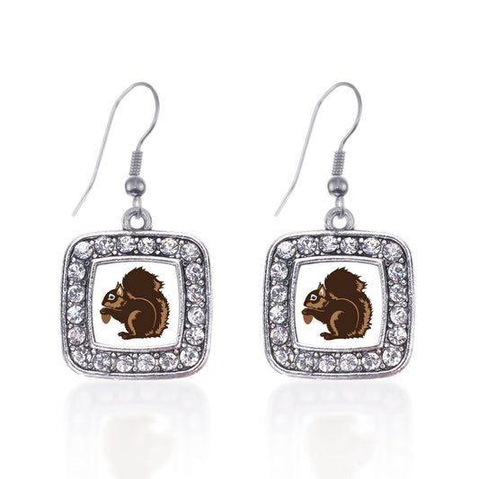 Silver Squirrel Square Charm Dangle Earrings