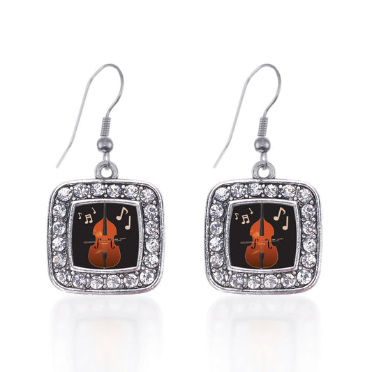 Silver Stand Up Bass Square Charm Dangle Earrings
