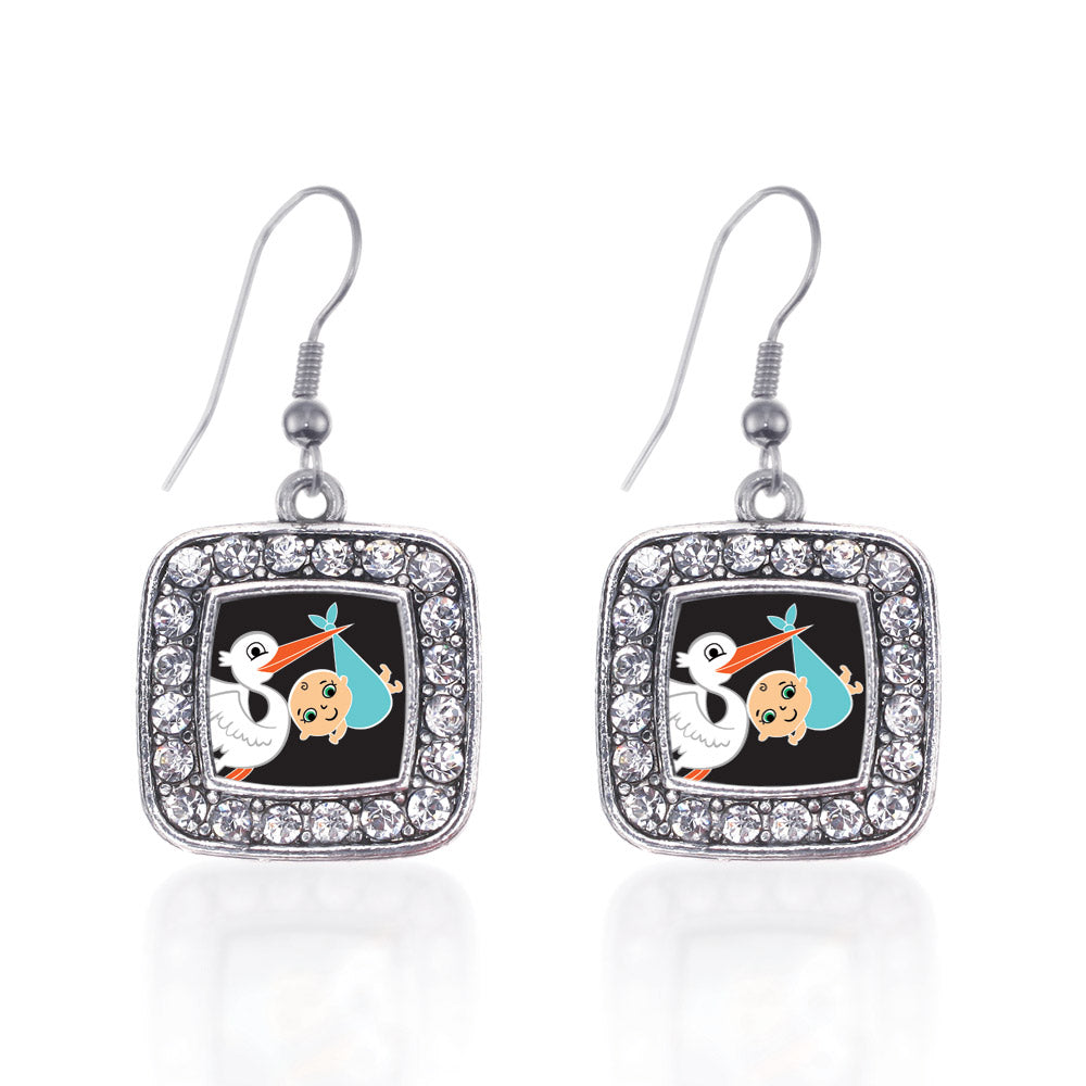 Silver Stork Brings A Boy Square Charm Dangle Earrings