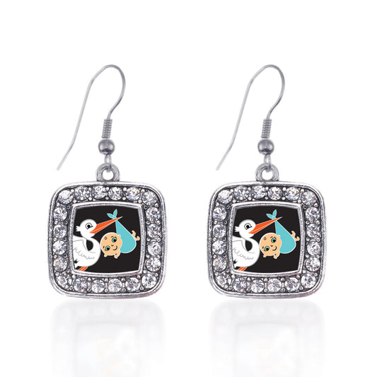 Silver Stork Brings A Boy Square Charm Dangle Earrings