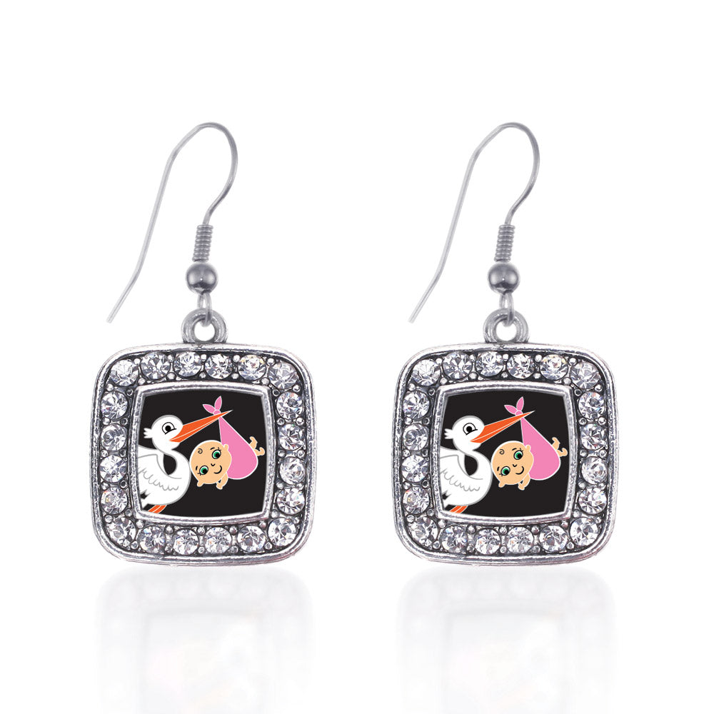 Silver Stork Brings A Girl Square Charm Dangle Earrings