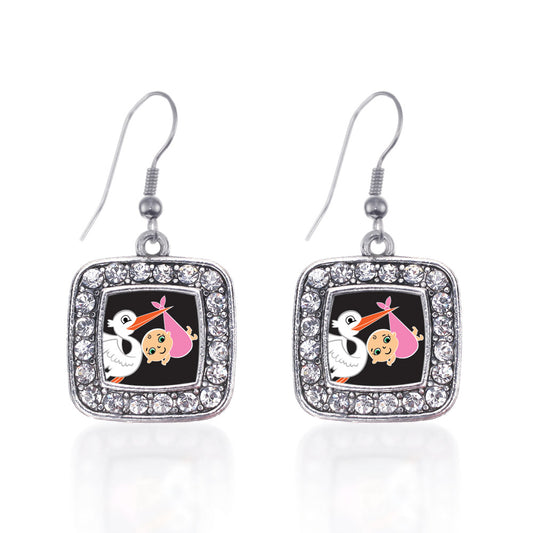 Silver Stork Brings A Girl Square Charm Dangle Earrings
