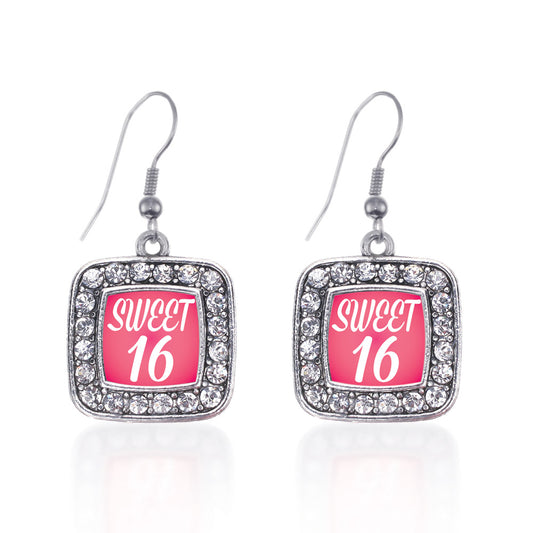 Silver Sweet Sixteen Square Charm Dangle Earrings