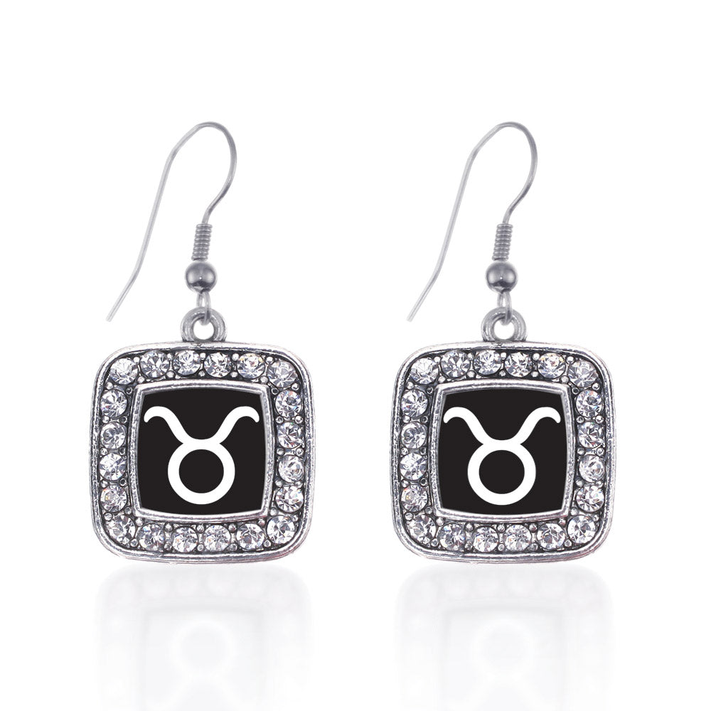 Silver Taurus Zodiac Square Charm Dangle Earrings